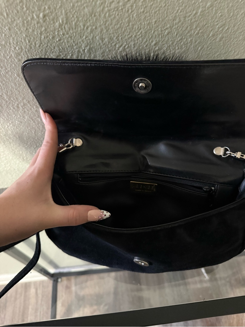 J. Renée Black Suede-Look Shoulder Bag Fur Accent Evening Purse - Picture 4 of 4